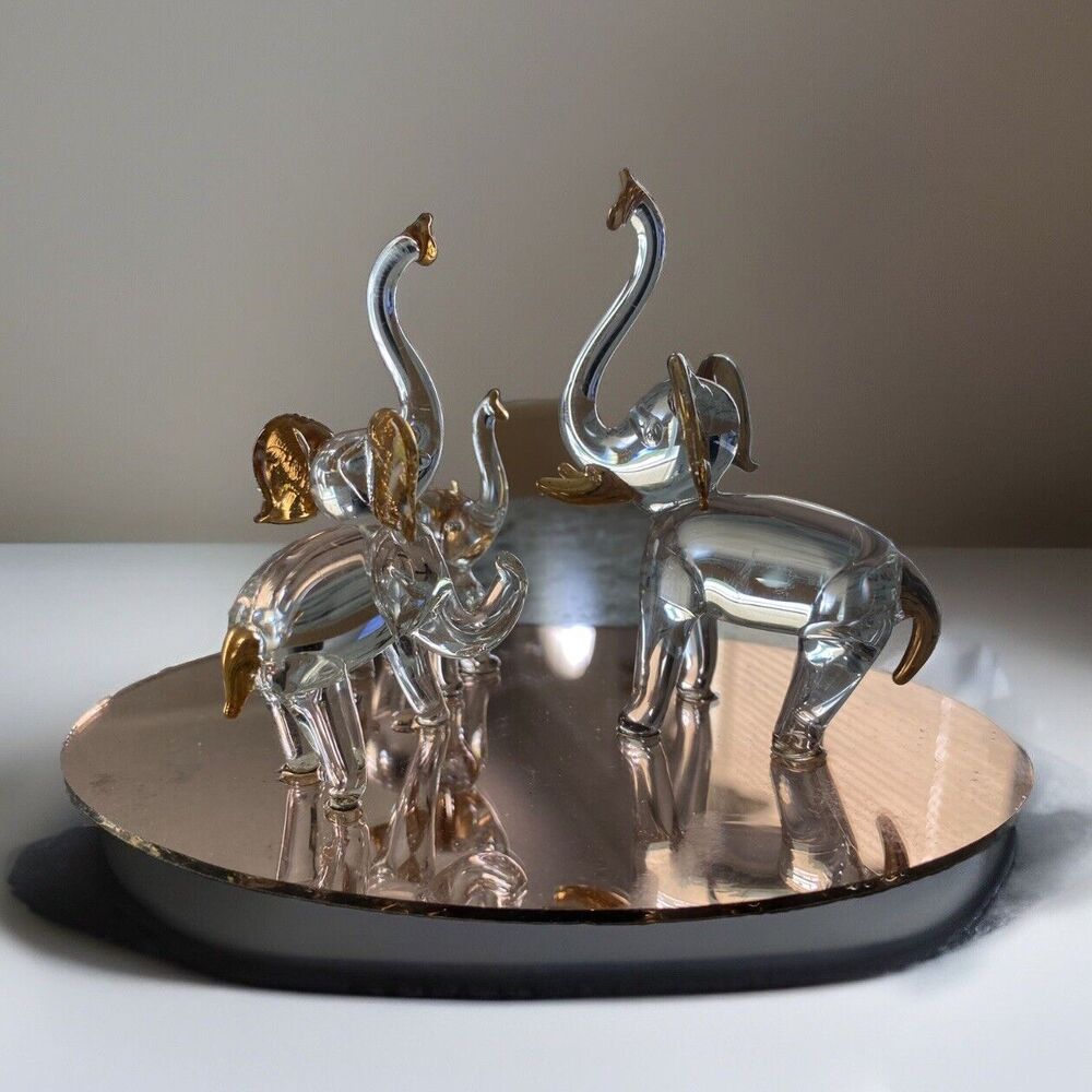 Vtg Clear Glass Elephants With Baby Figurine Gold Trim & Mirror 6x4x3 Trunks Up